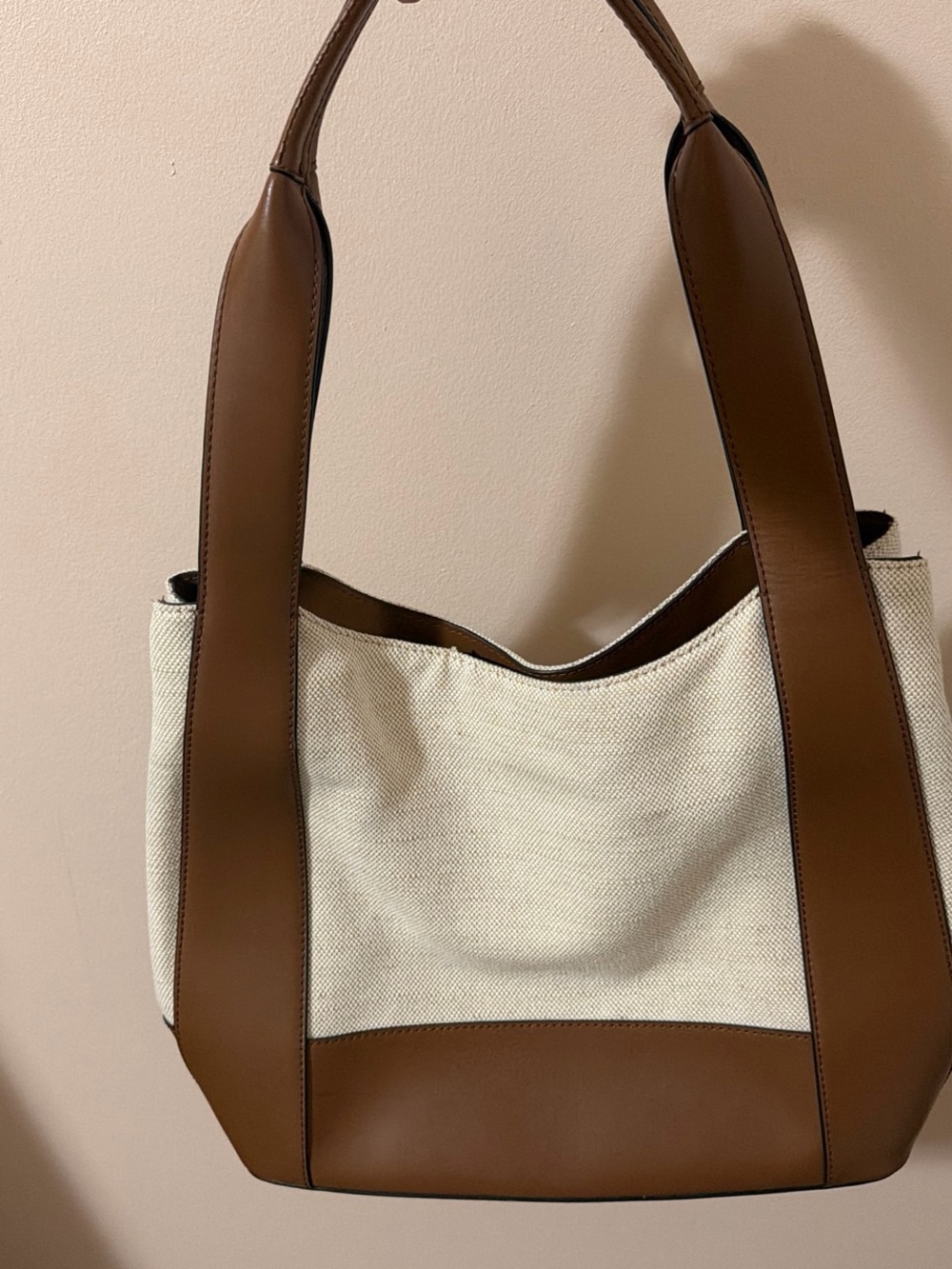 Michael Kors Cream Canvas Shoulder Bag with Brown Leather Trim